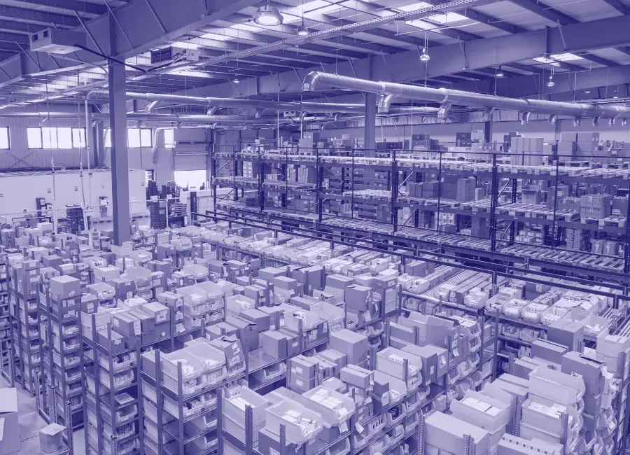 Distribution warehouse with stocked shelves